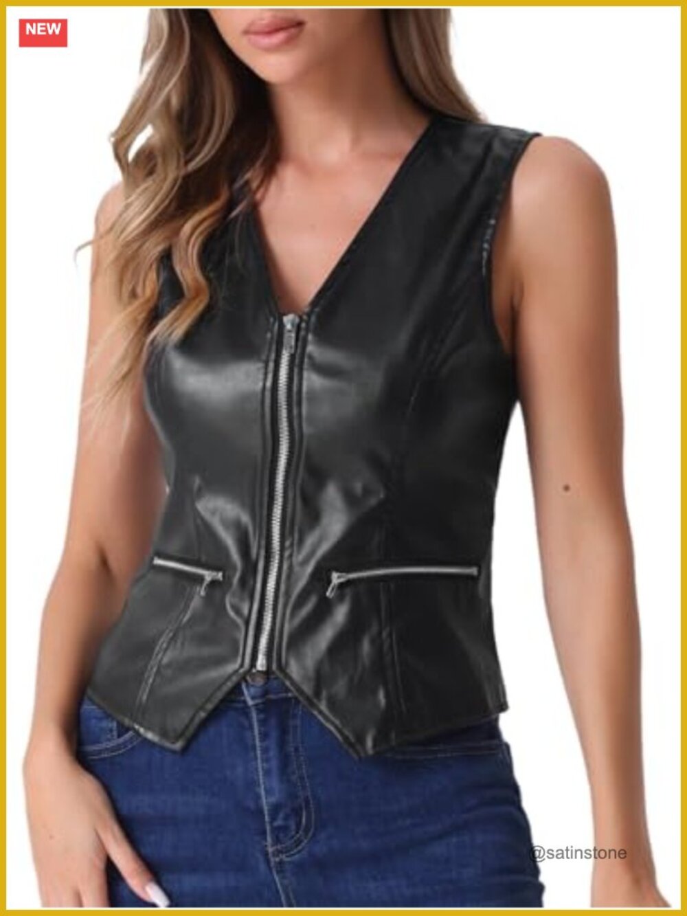 Faux Leather V Neck Sleeveless Zipper Motorcycle Vest
